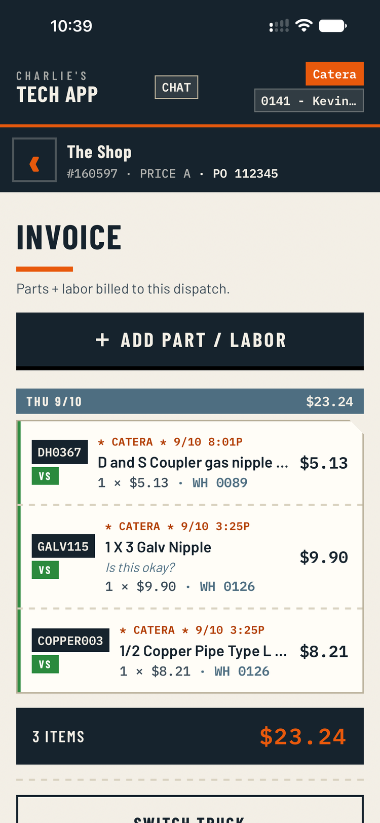 A running invoice for one dispatch, each line stamped with the tech, the time and the warehouse.