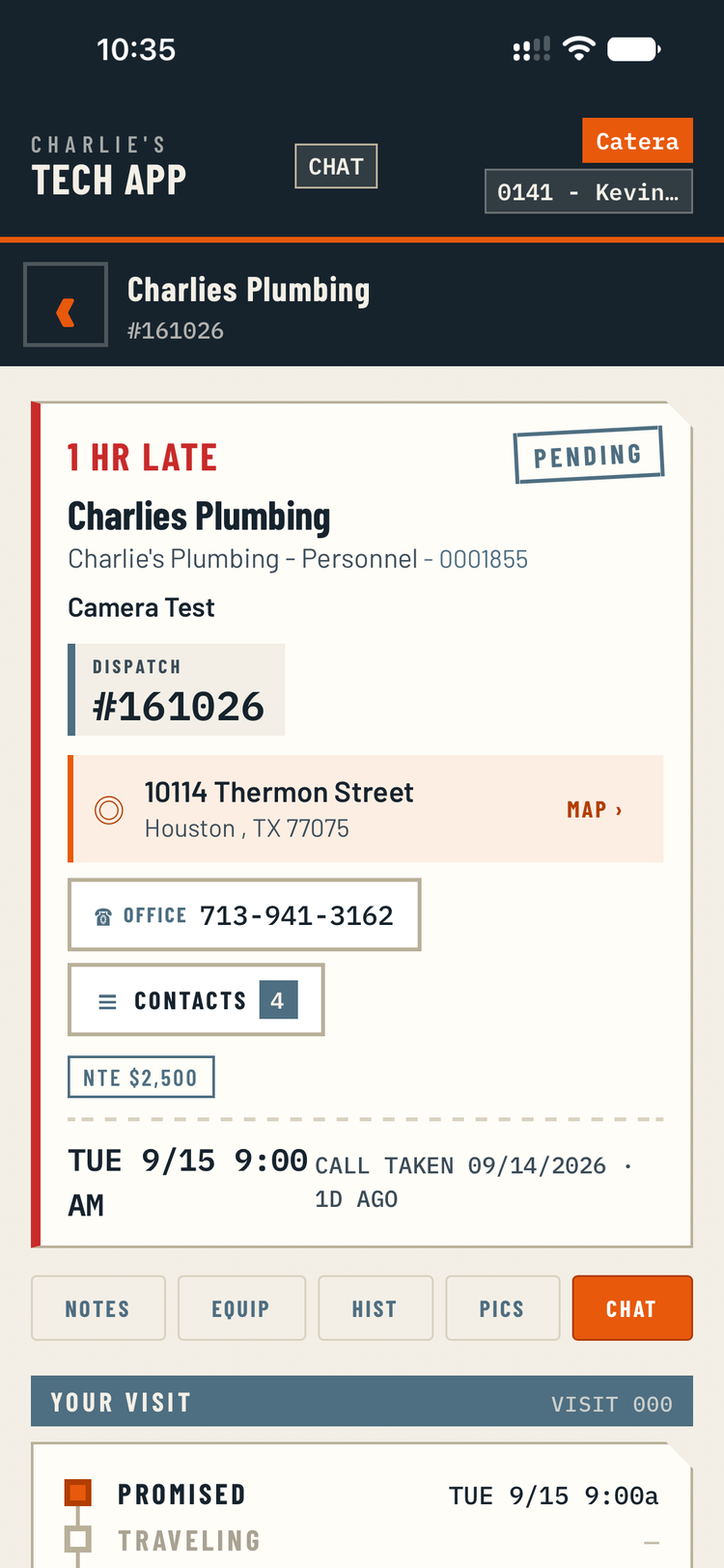 A job detail screen with the address, contacts, not-to-exceed amount, notes, equipment and history in one place.