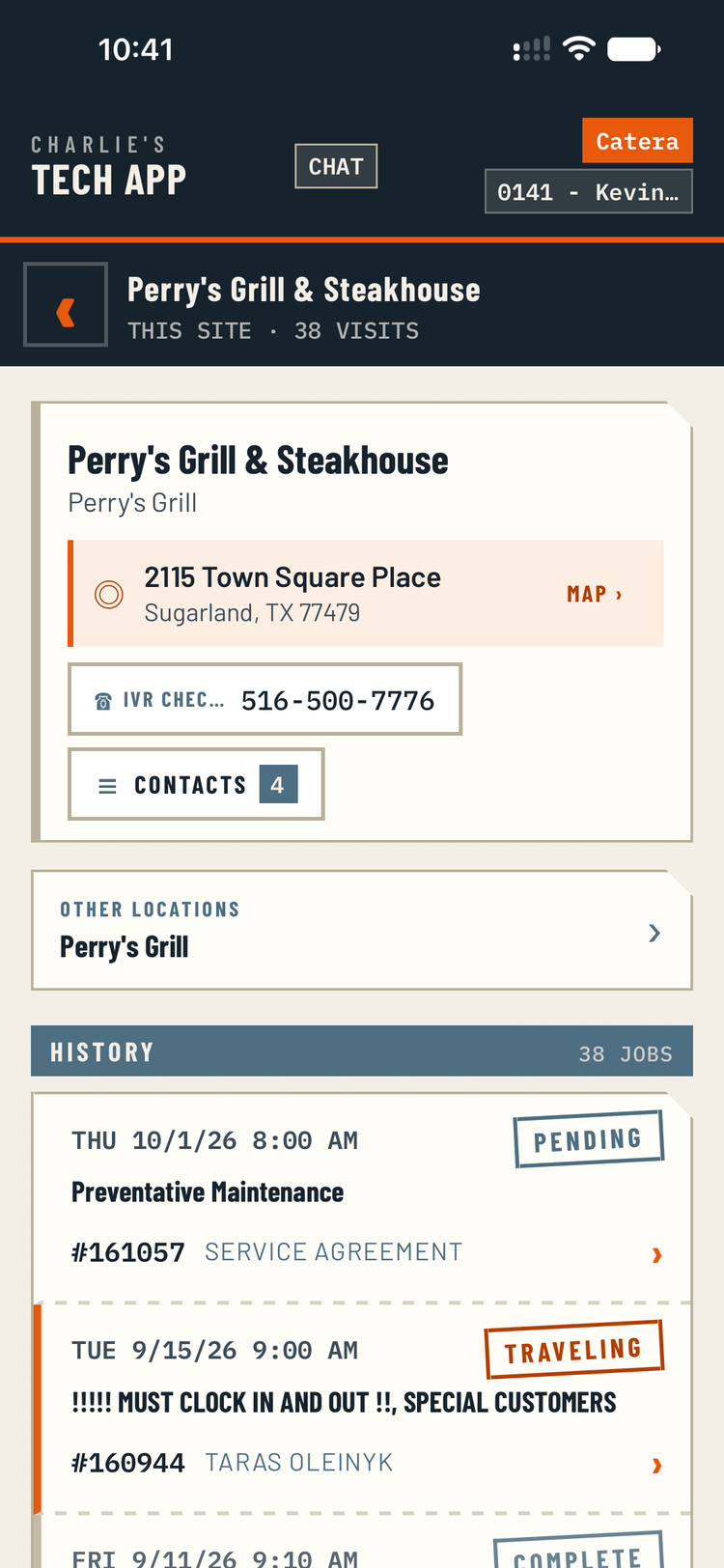 Prior visits listed on a job.