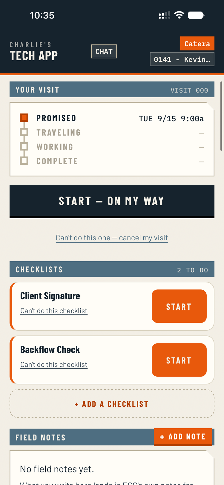 The technician's job screen showing the travel, work and complete status controls.