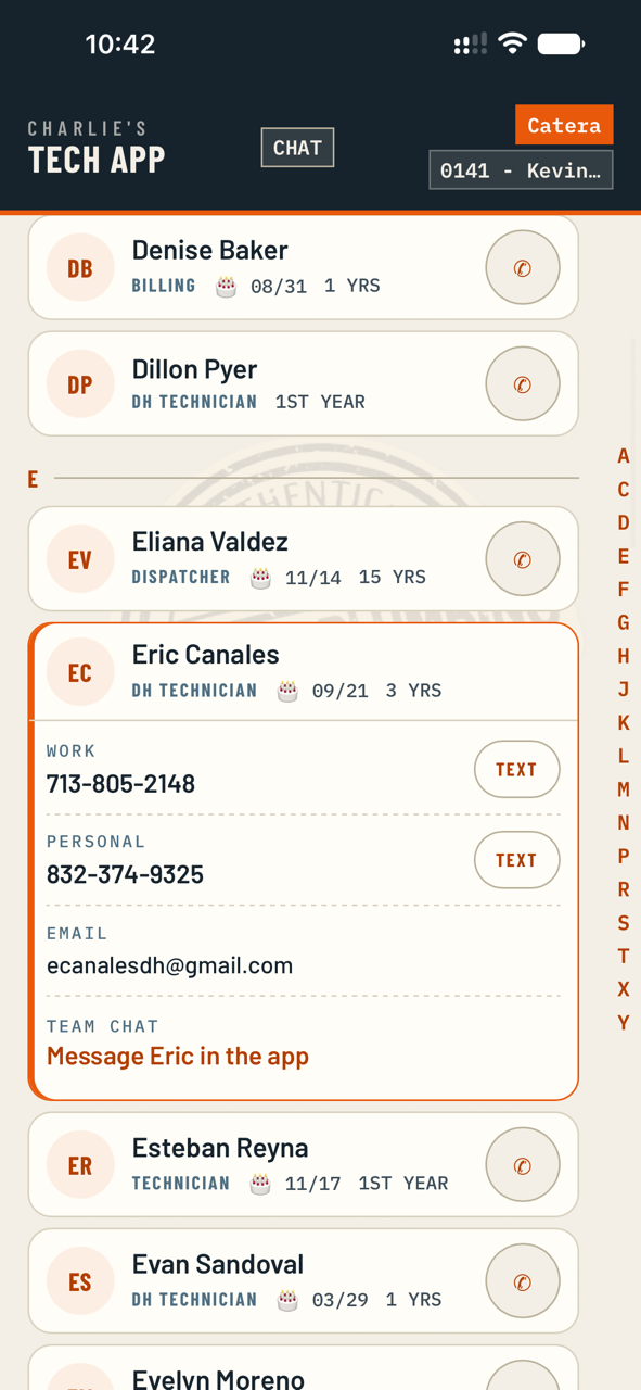 An employee card showing work phone, cell and email with tap-to-text buttons.