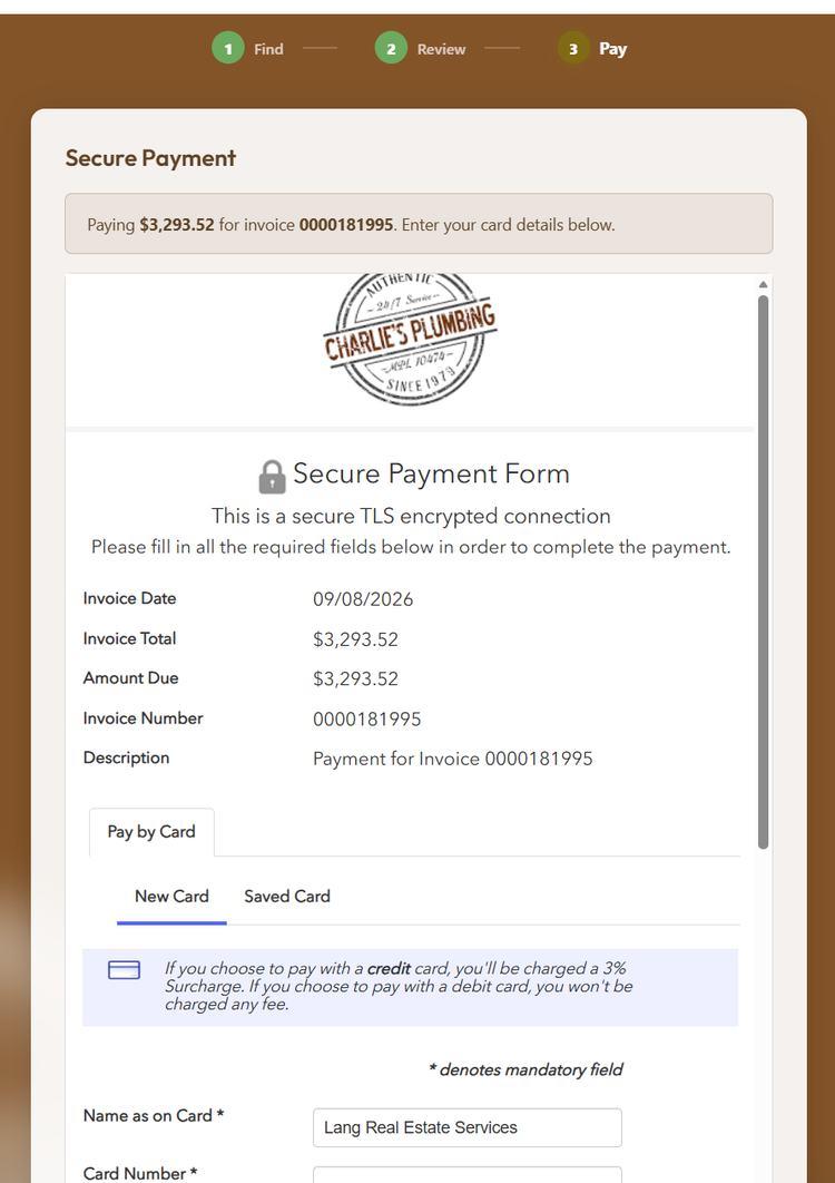 The secure payment step showing the invoice total and the hosted card form.