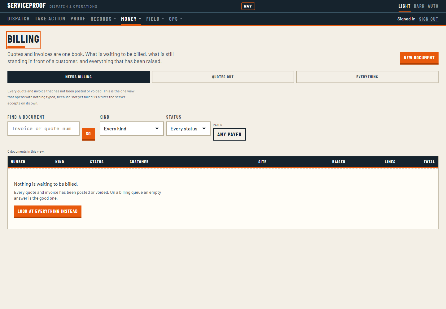 The billing screen listing sales documents: quotes and invoices together, each with its stage, its customer and its total.
