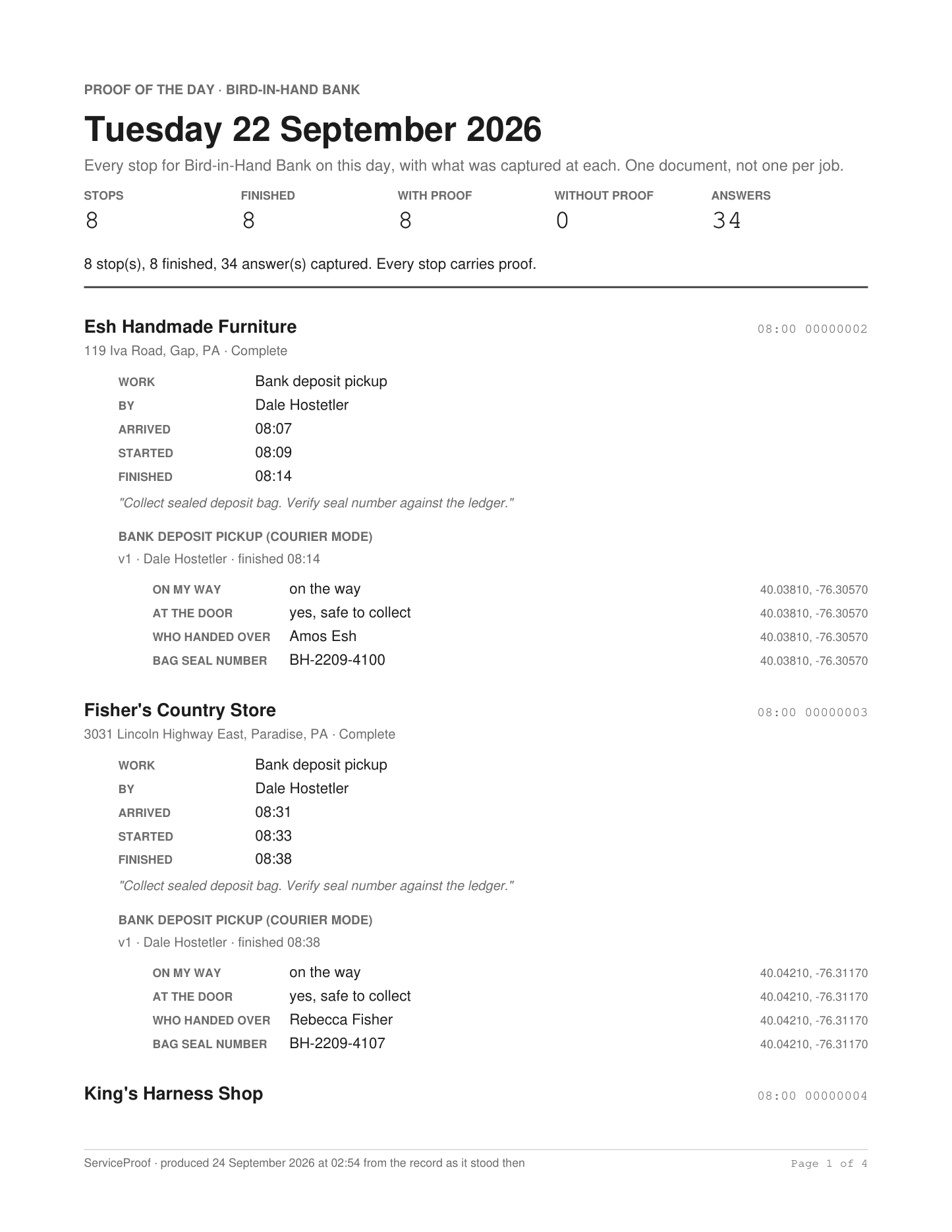 Page one of a proof-of-the-day PDF: eight stops, eight finished, eight with proof, thirty-four answers, then each stop with its address, arrival, start and finish times, the work code, and every captured answer including the bag seal number with the coordinate it was recorded at.
