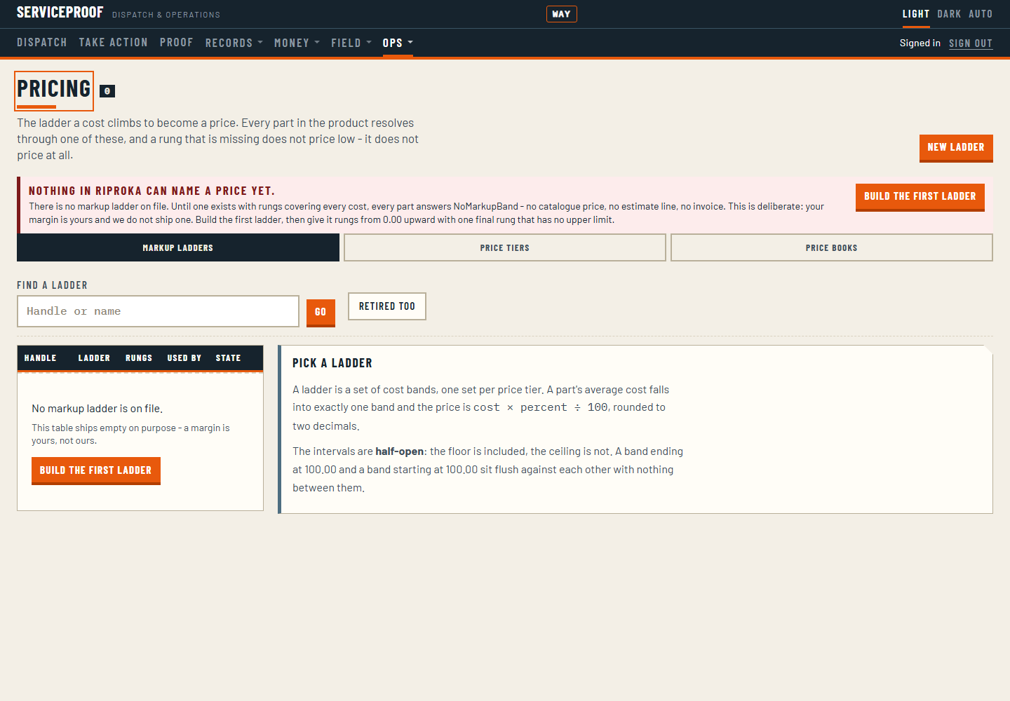 The pricing setup screen: rate cards, price books, price tiers and markup bands.
