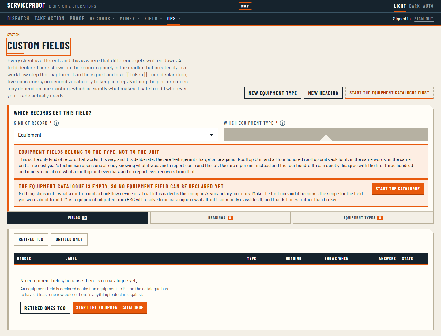 The custom fields screen: fields declared against records like site, equipment type and customer, each with a data type and a group.