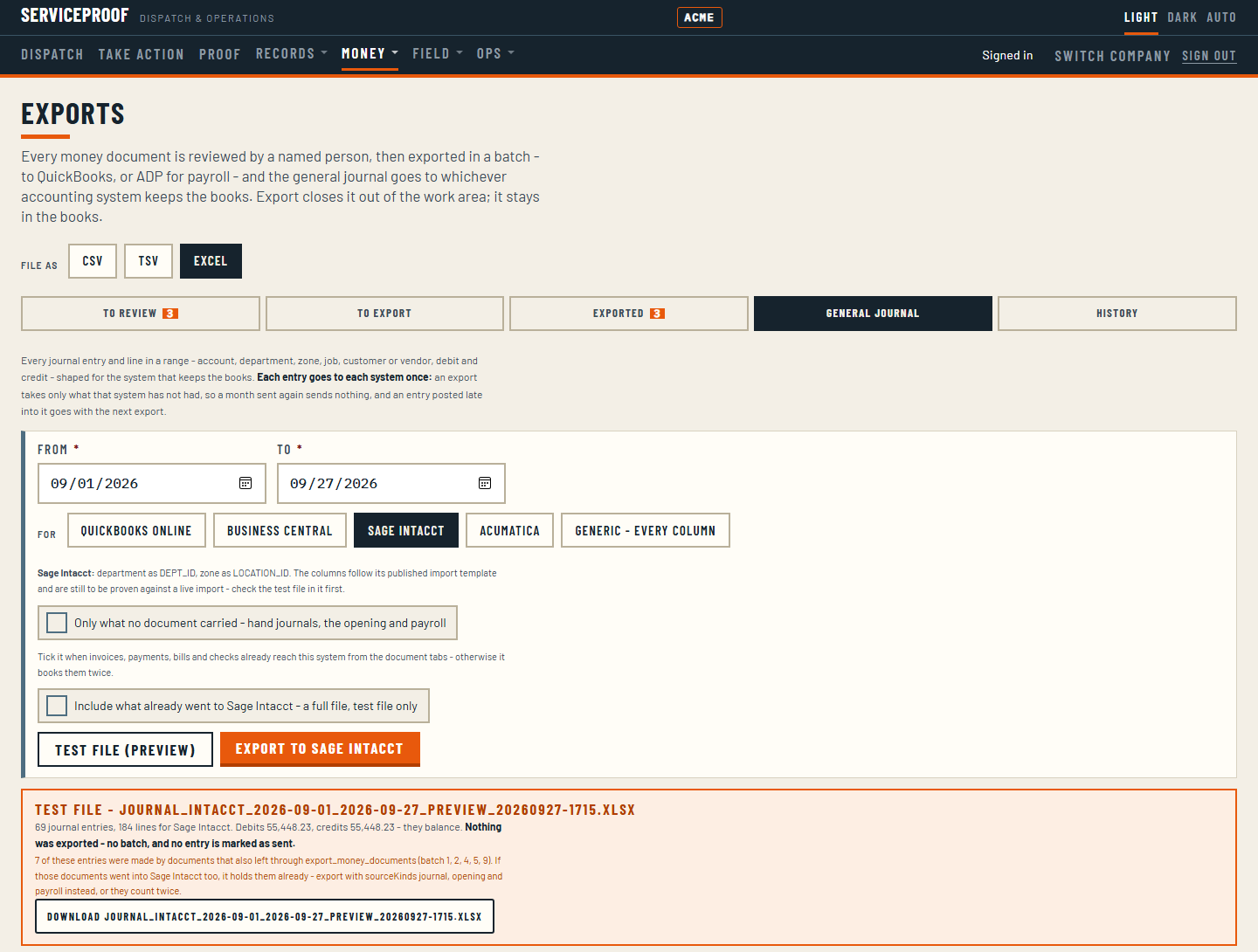 The general journal export: a date range from 1 to 27 September, a choice of QuickBooks Online, Business Central, Sage Intacct, Acumatica or a generic file with every column, the file as Excel, and a test file built for Sage Intacct - 69 journal entries and 184 lines, debits 55,448.23 and credits 55,448.23, they balance, nothing was exported. A warning notes that seven entries came from documents already exported, so they would count twice in the same system.
