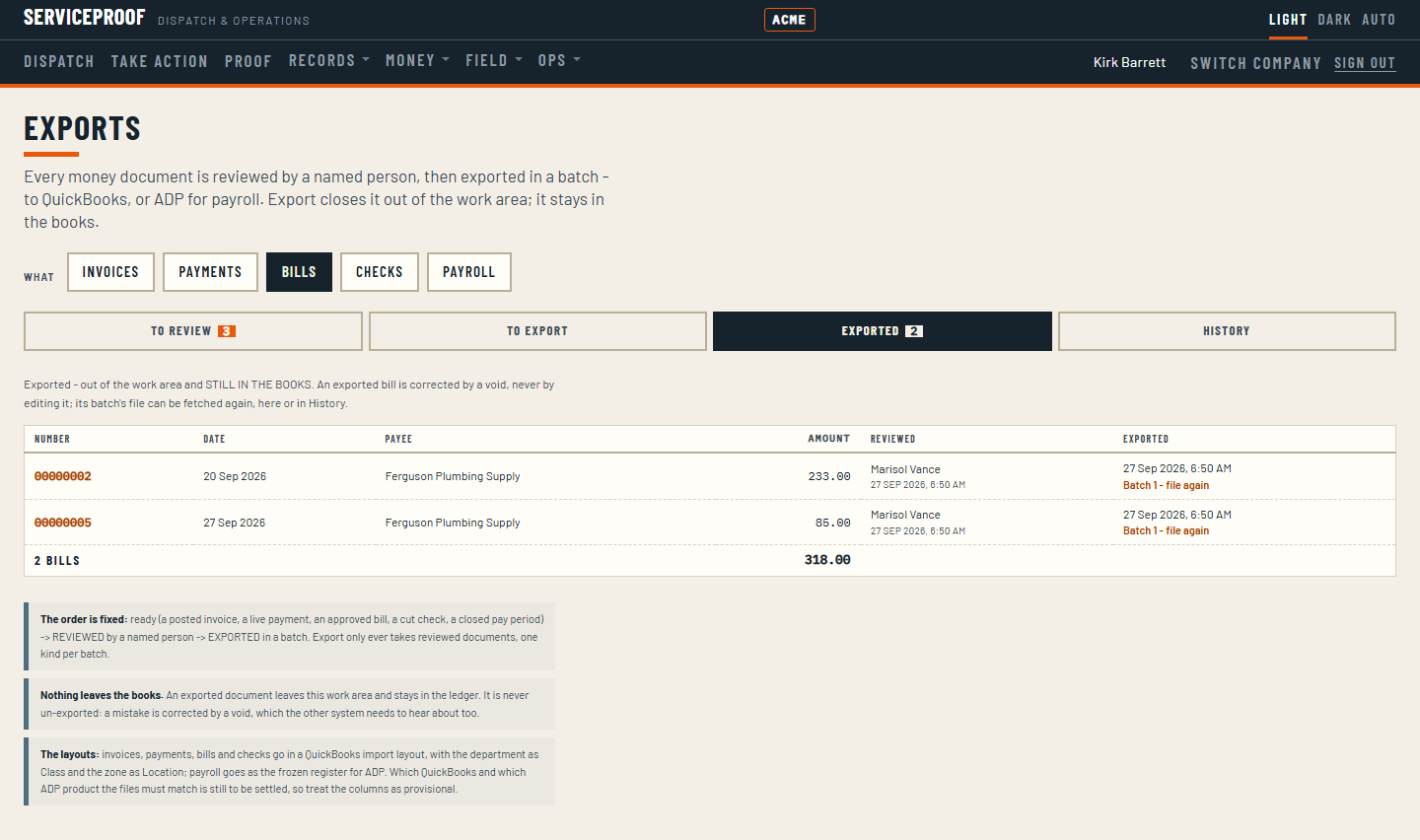 The exports screen showing exported bills: tabs for invoices, payments, bills, checks and payroll, and for to review, to export, exported and history. Two supplier bills are listed with who reviewed each one and when, and the batch it was exported in, with a link to fetch that batch's file again.