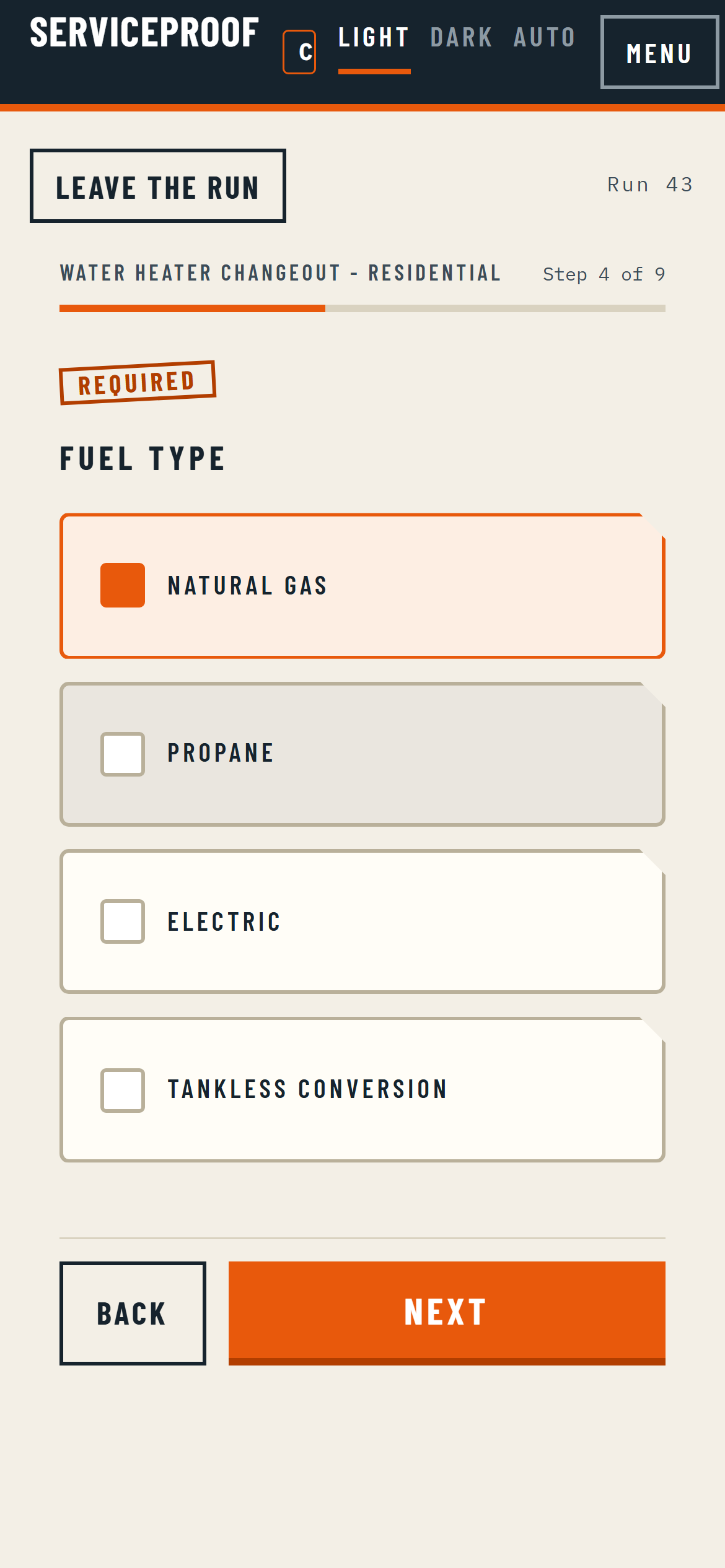 A choice step on a phone that branches the remainder of the procedure depending on which option is picked.