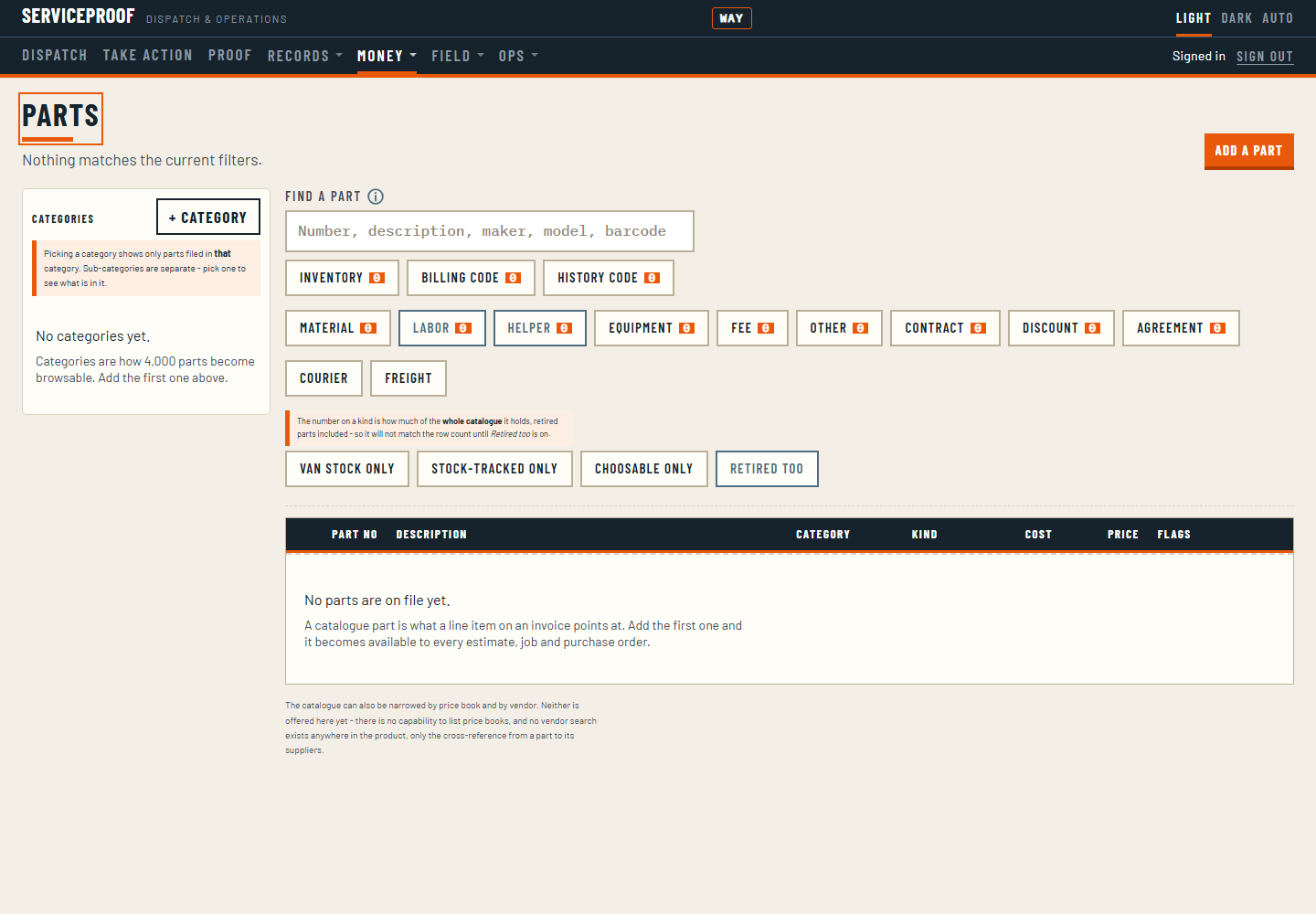 The parts catalogue: every part with its code, category, cost and price.