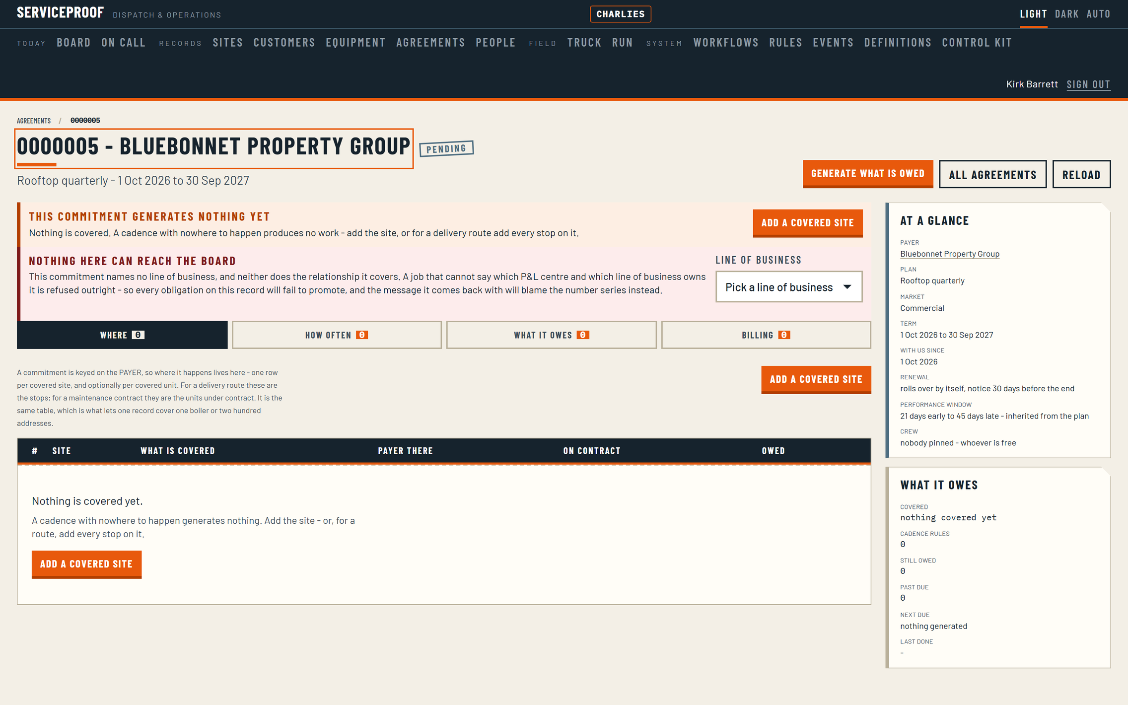 A quarterly rooftop PM commitment showing its covered sites, its cadence and the movability window on each obligation.