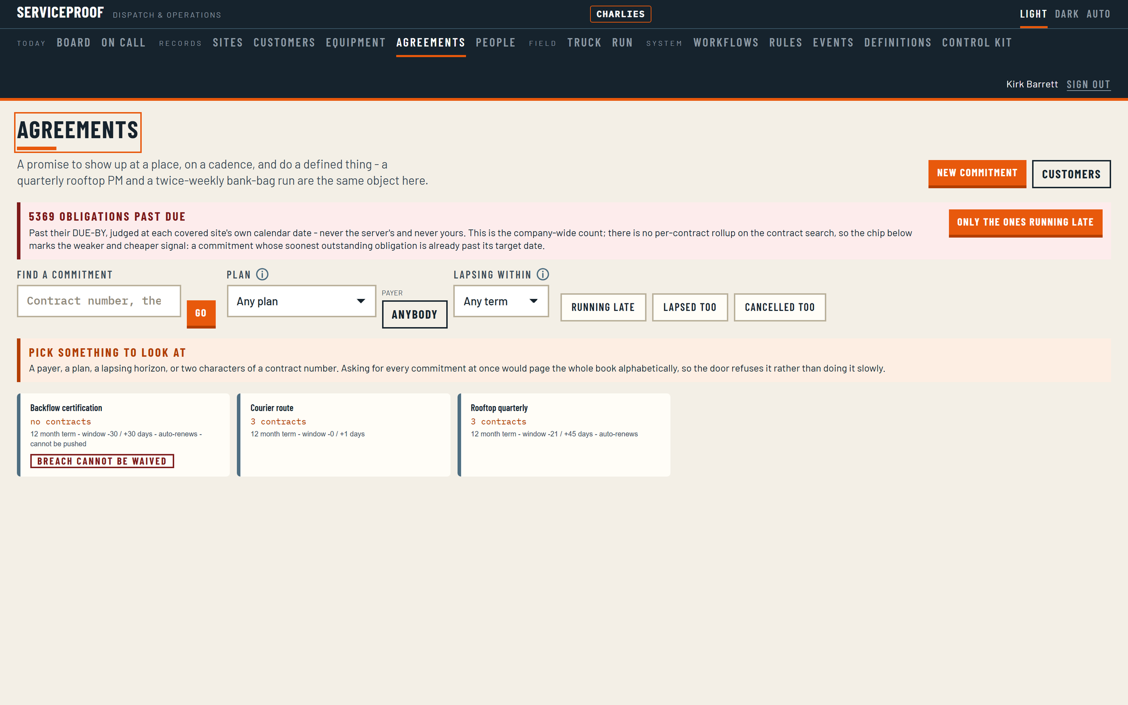 The agreements screen describing a commitment as a promise to show up at a place on a cadence, with courier route and rooftop quarterly plans side by side.