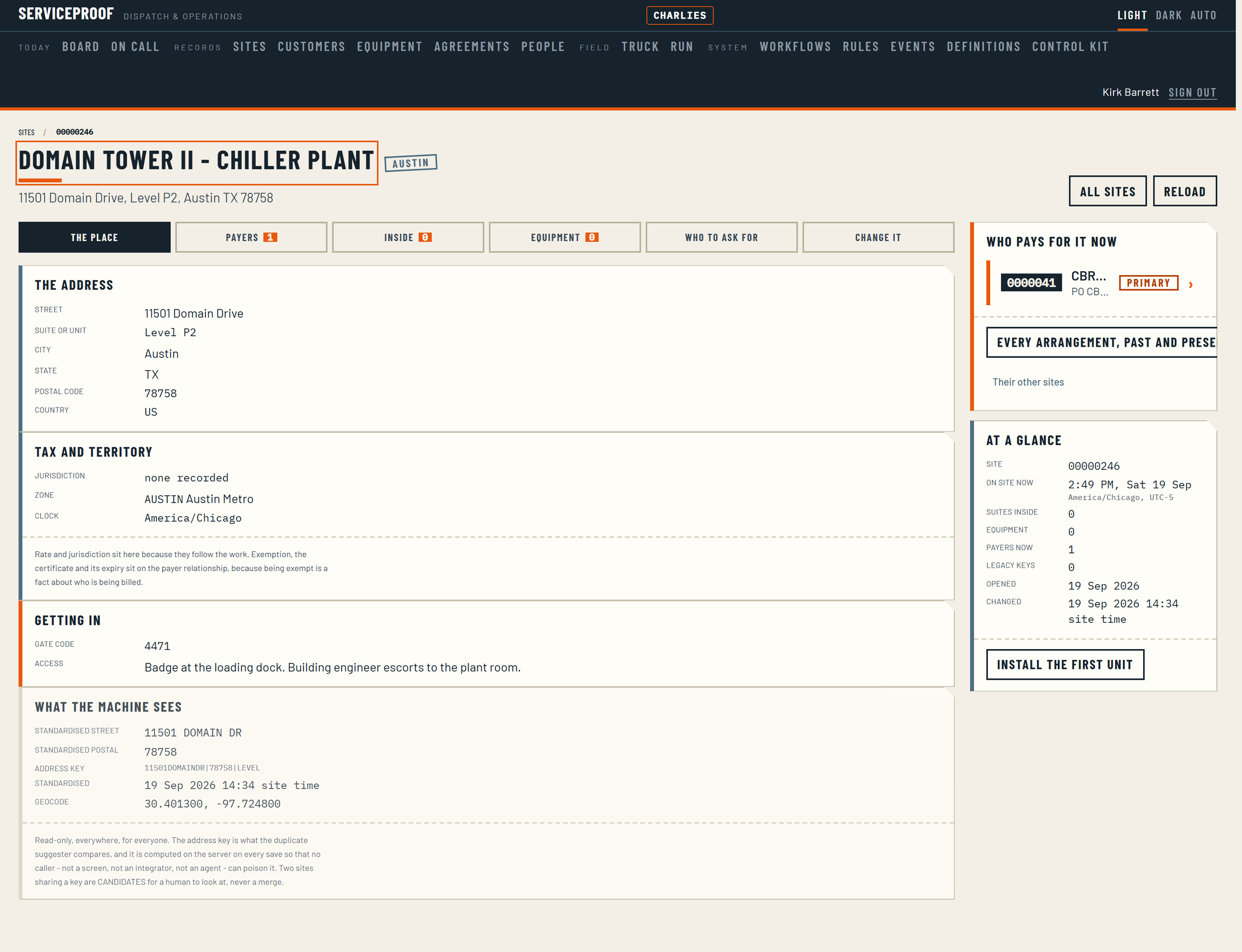 A site record with its access notes, gate code, the equipment on site and the site's own service history.