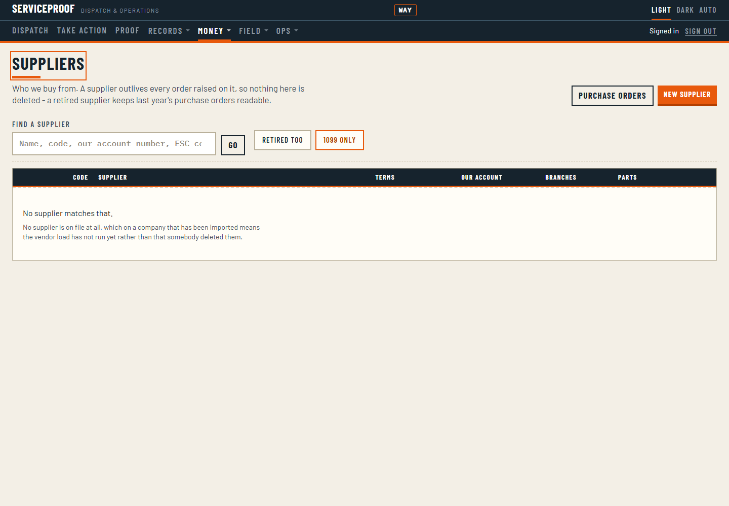 The suppliers screen: each vendor with its branches, terms and delivery addresses.