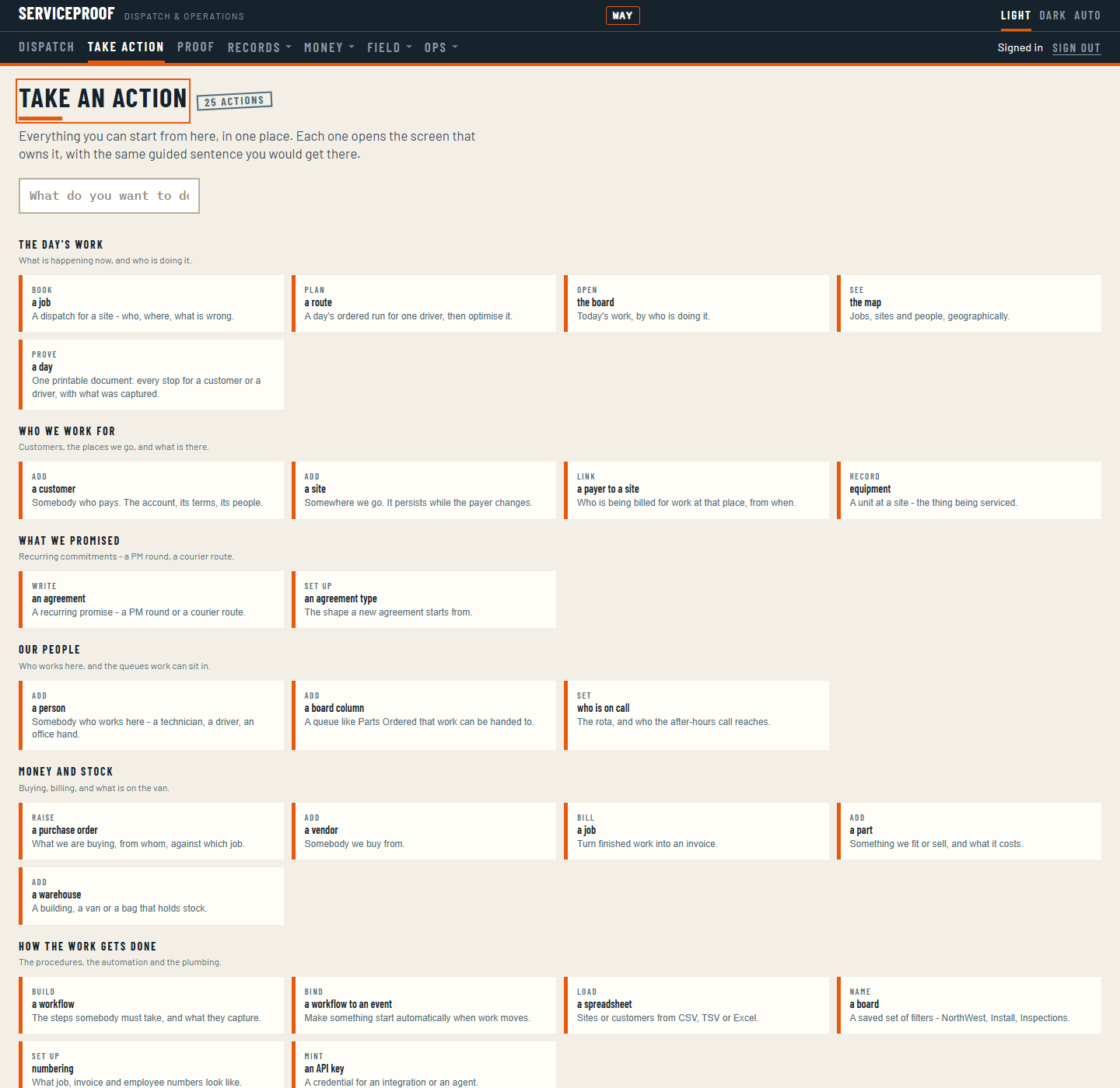 The take-an-action page: every action in the product listed in a dispatcher's own words, grouped and searchable.