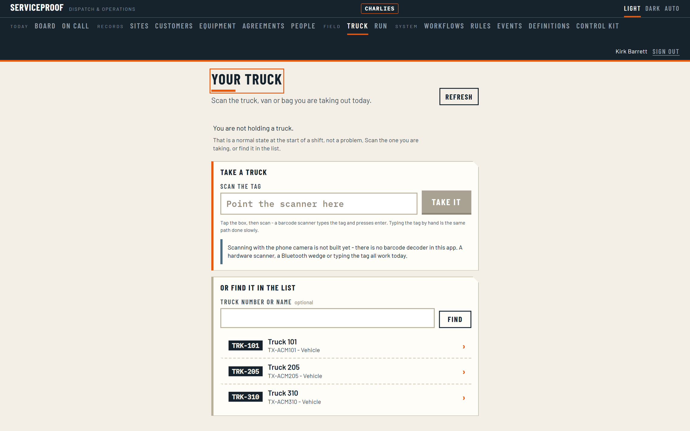 The truck screen: scan the van or bag being taken out today, because a truck is modelled as a warehouse.