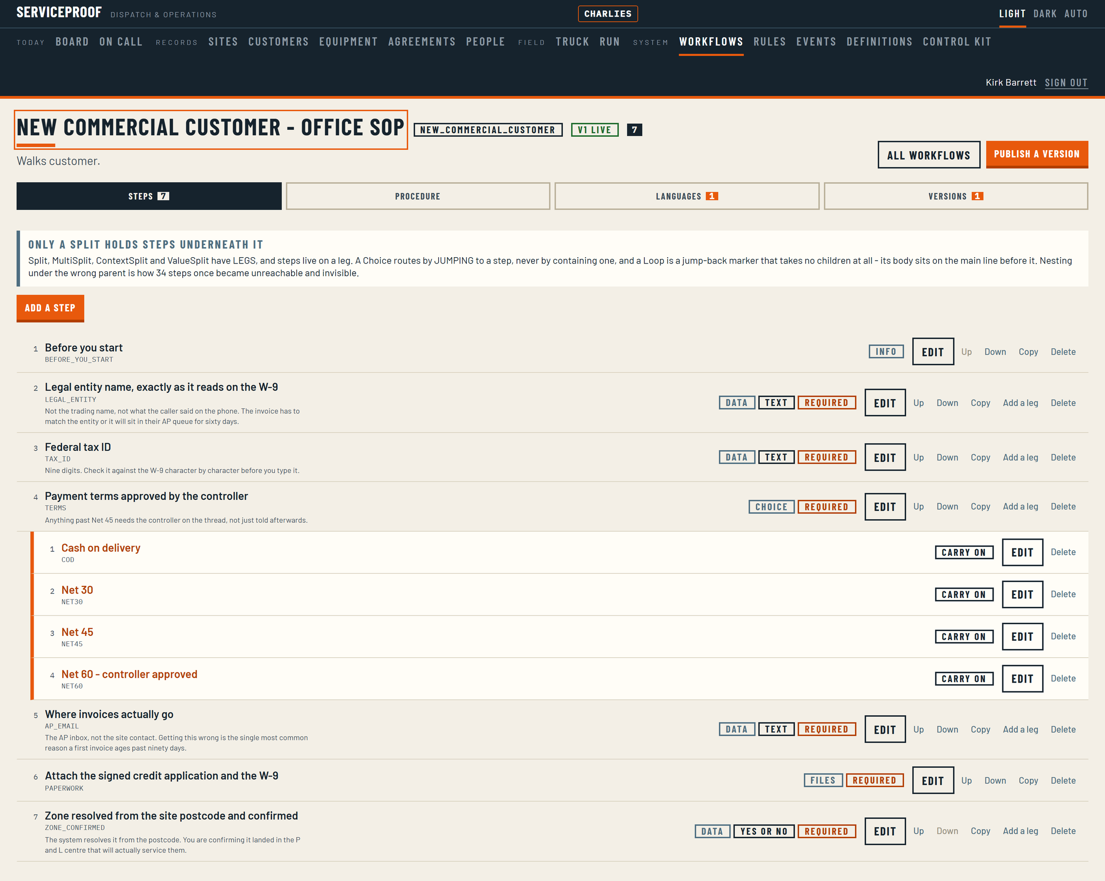 An office standard operating procedure in the builder: new commercial customer onboarding, step by step.