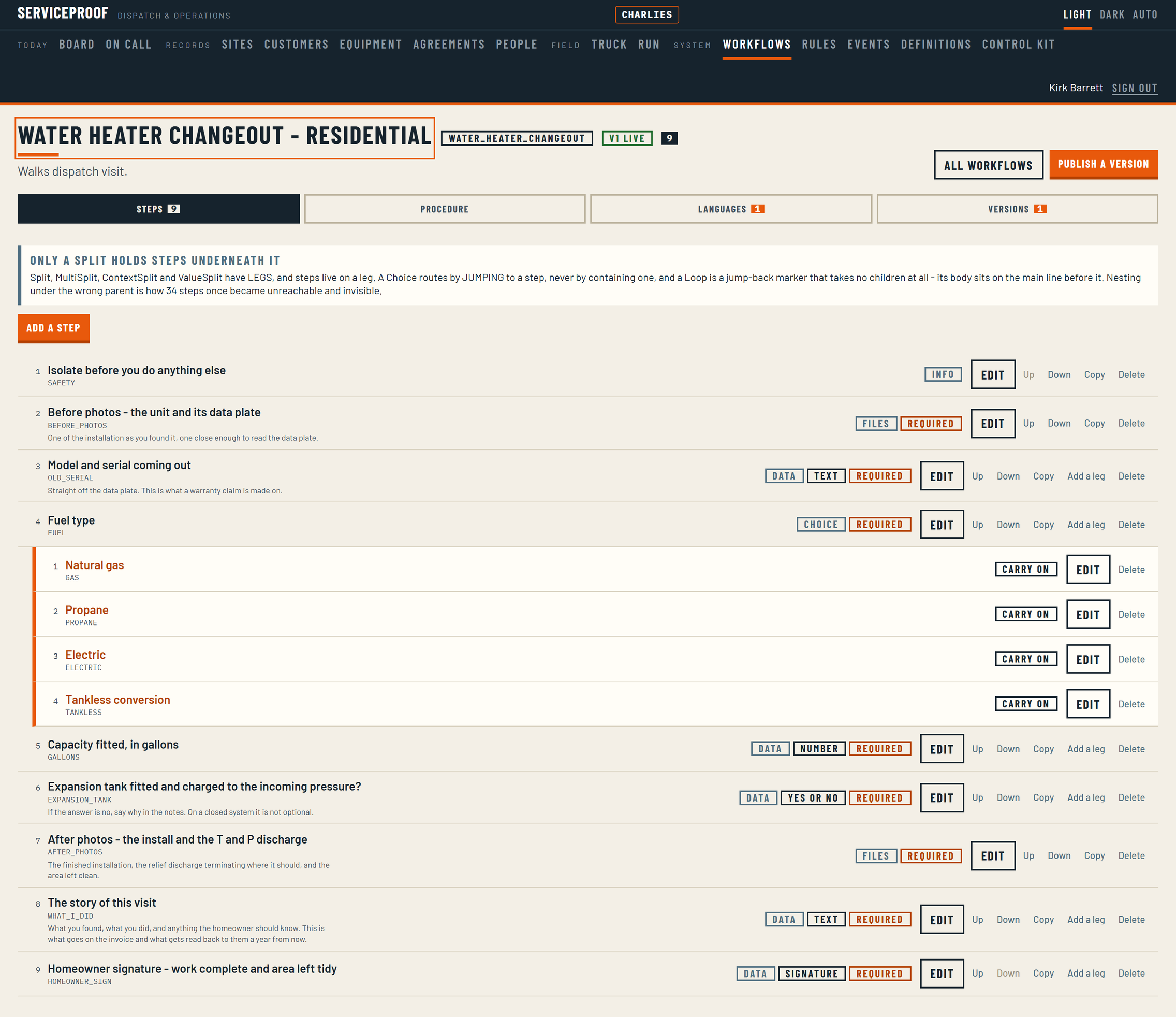 The workflow builder showing a water heater changeout procedure in full: every step in order, each with the kind of answer it captures and whether it is required.
