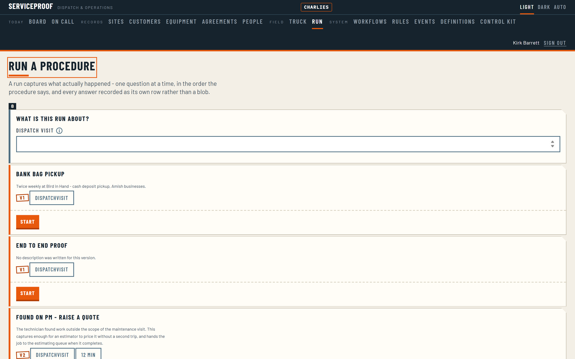 Starting a workflow run: choosing a published procedure and anchoring it to the visit it will be the proof of.