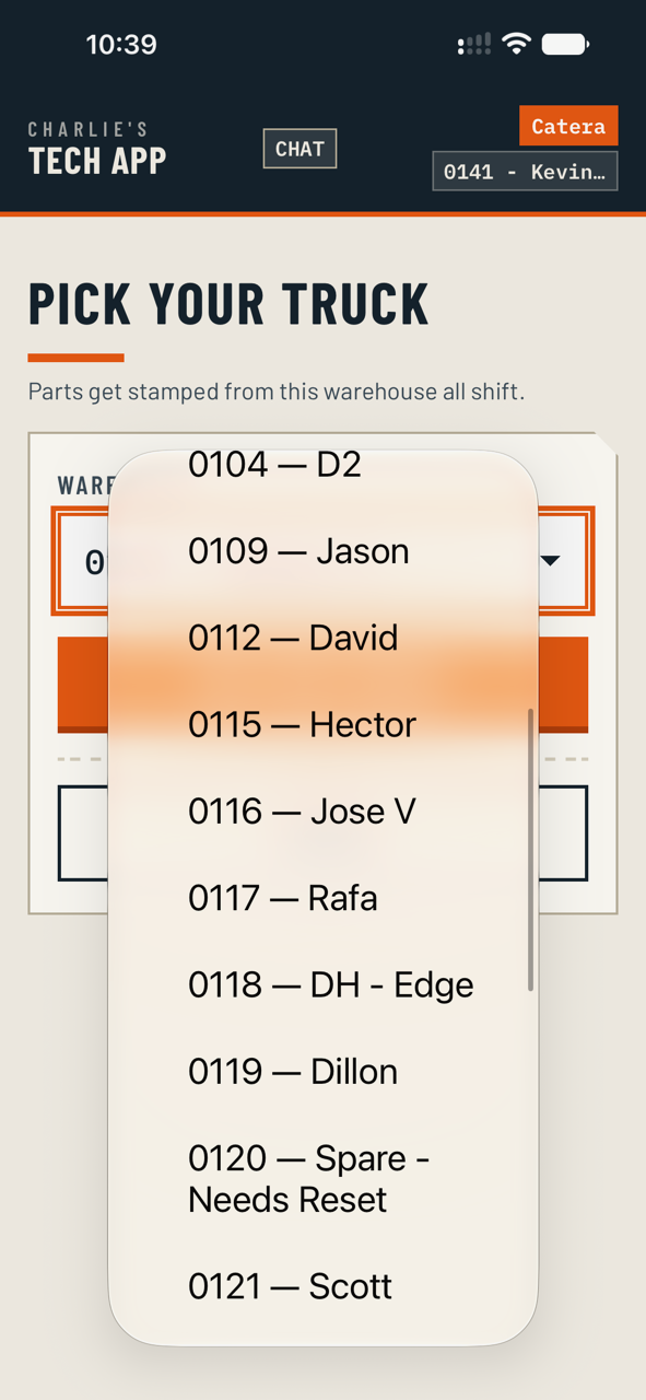 Selecting which truck or warehouse the technician is working from, at the start of the day.