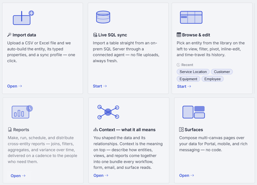 Data Studio — import a CSV or Excel and auto-build the entity, live-sync an on-prem SQL Server, query as real SQL, or browse and edit any entity