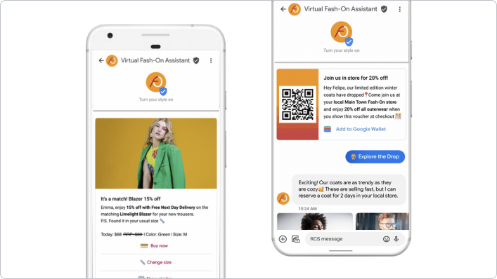 RCS in the wild — a verified brand thread with a rich product card, Buy now button, and a QR voucher added to Google Wallet