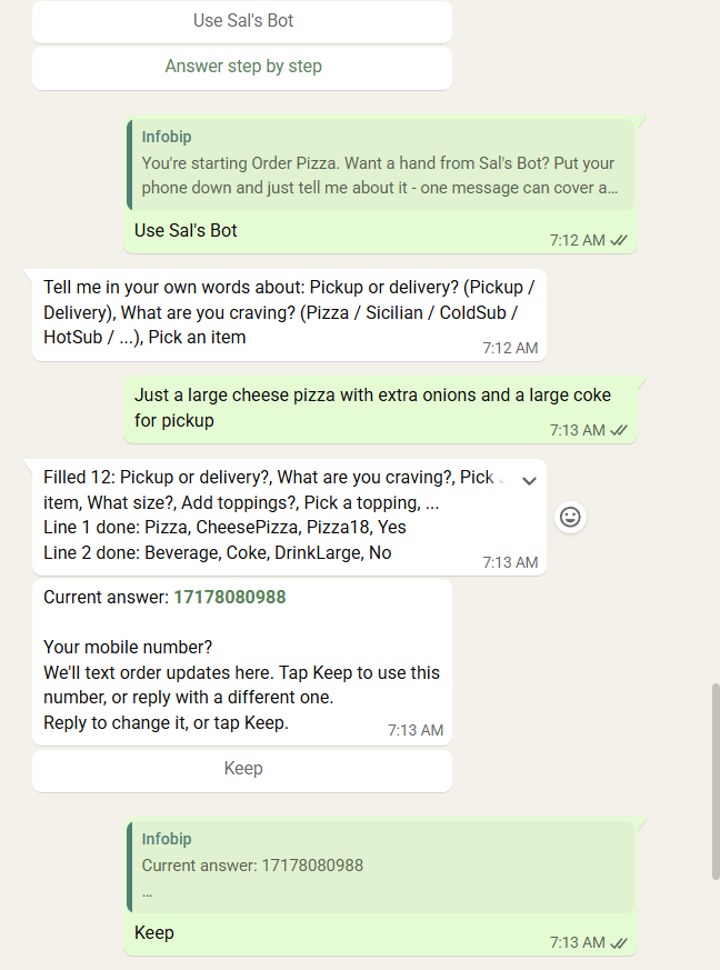 One spoken sentence fills twelve workflow steps in a real messaging thread