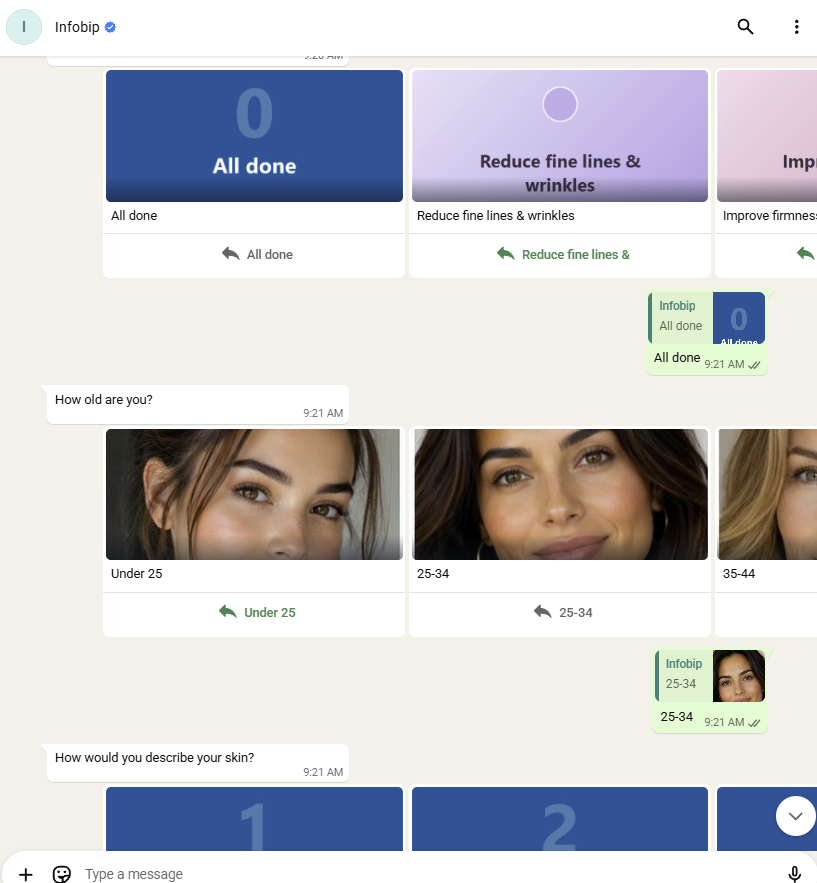 A real skin-care quiz running as rich carousel cards inside a WhatsApp thread